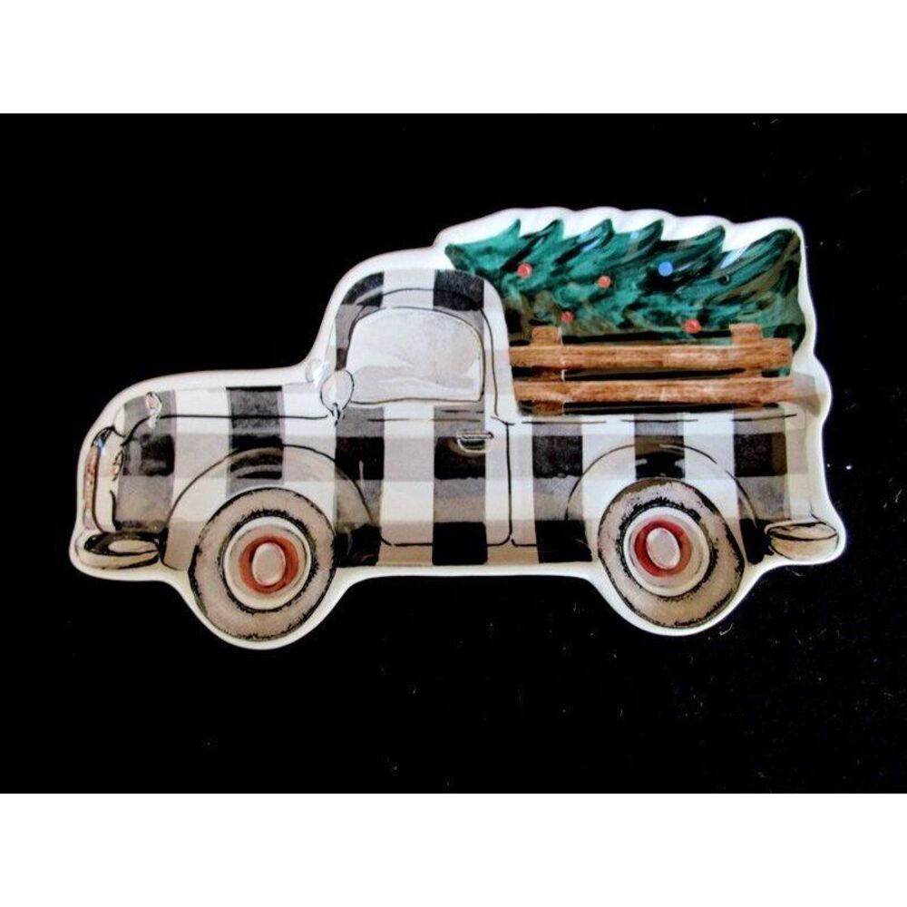 Robert Stanley Christmas Truck Shaped Plate 12x7 Black/White Buffalo Check‎